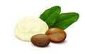 Shea butter with nuts and leaves isolated on white background